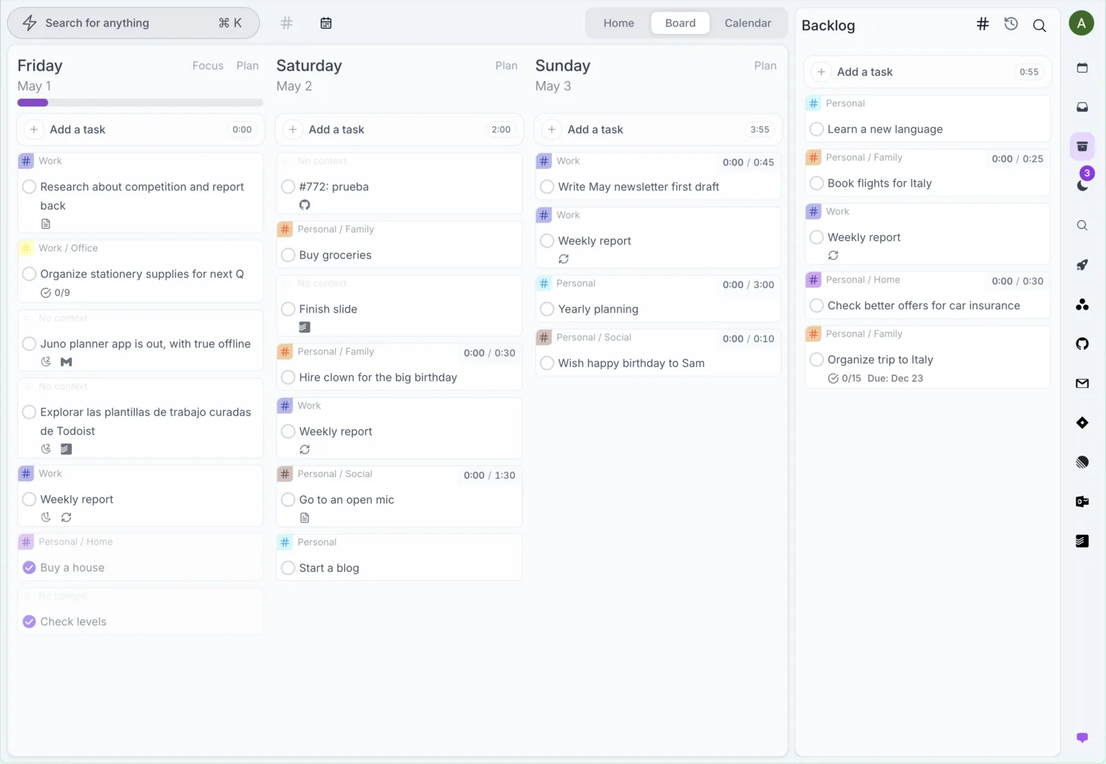 Juno's weekly board, with a plan for each day and a backlog for later